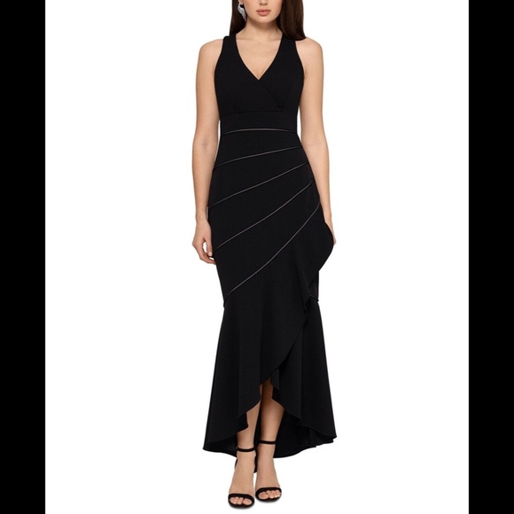 NWT XSCAPE Piped Mermaid Hem Hi Low Gown 10 Black - Picture 2 of 12
